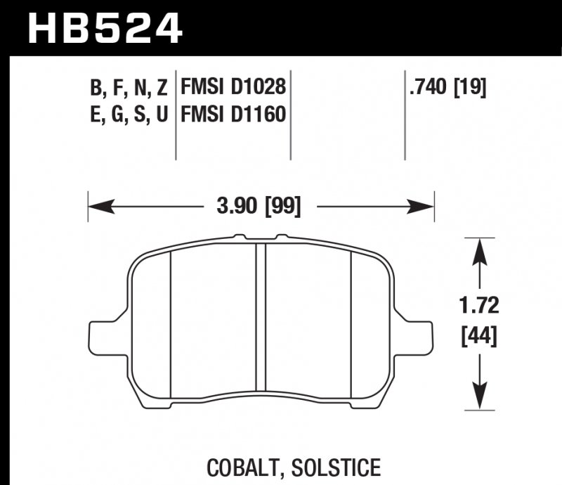 Колодки тормозные HB524U.740 HAWK DTC-70 Cobalt, Solstice 19 mm