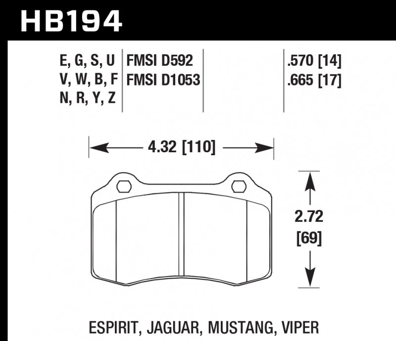 Колодки тормозные HB194U.665 HAWK DTC-70 Viper, Mustang, Lotus 17 mm