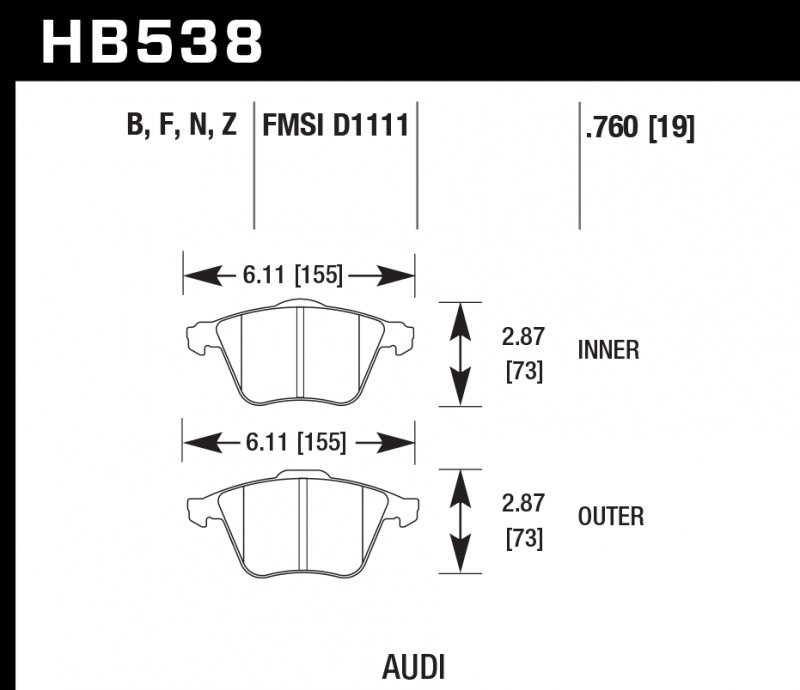 Колодки тормозные HB538Z.760 HAWK PC передние  Audi A4 8E, A6 4F, A8 4E