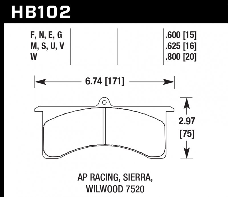 Колодки тормозные HB102V.600 HAWK DTC-50; AP Racing 6, Sierra/JFZ, Wilwood 15mm