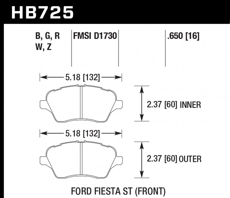 Колодки тормозные HB725W.650 HAWK DTC-30; 2014 Ford Fiesta ST 17mm