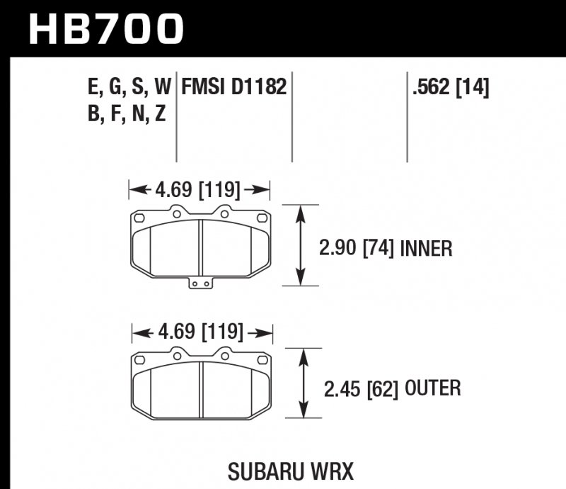 Колодки тормозные HB700G.562 HAWK DTC-60 перед Subaru WRX