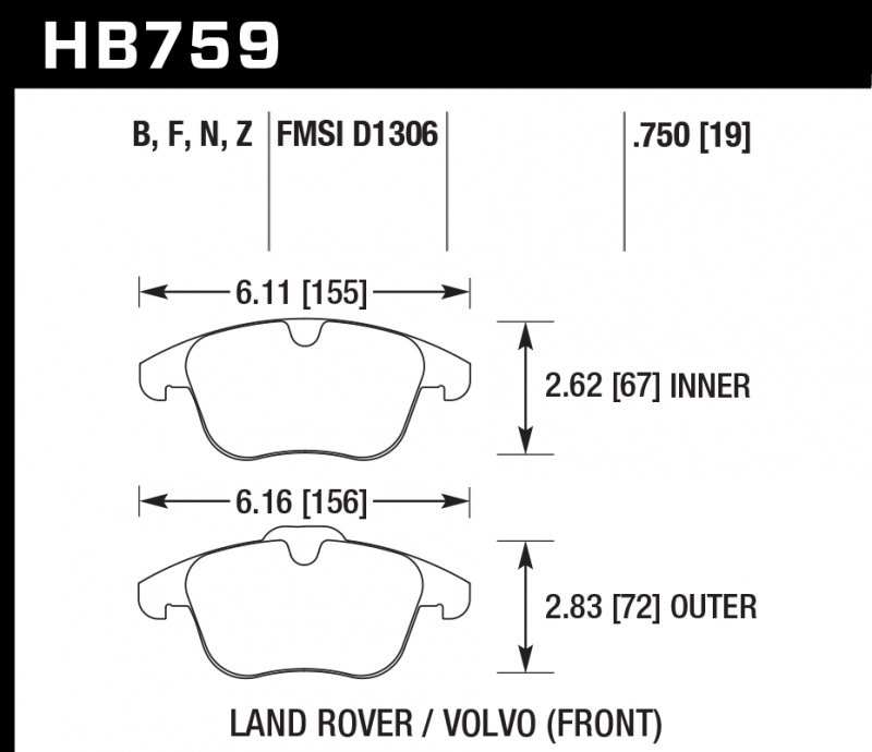 Колодки тормозные HB759Z.750 HAWK PC; перед Range Rover EVOQUE; FREELANDER MK2; XC70; V70 19mm