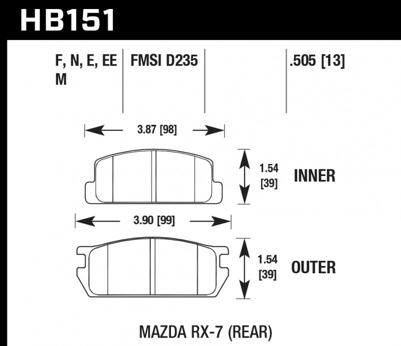 Колодки тормозные HB151E.505 HAWK Blue 9012 Mazda RX-7 (Rear) 13 mm