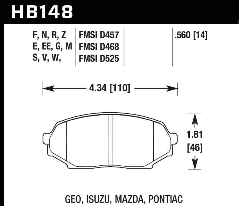 Колодки тормозные HB148S.560 HAWK HT-10 Mazda Miata MX-5 1.6L 14 mm