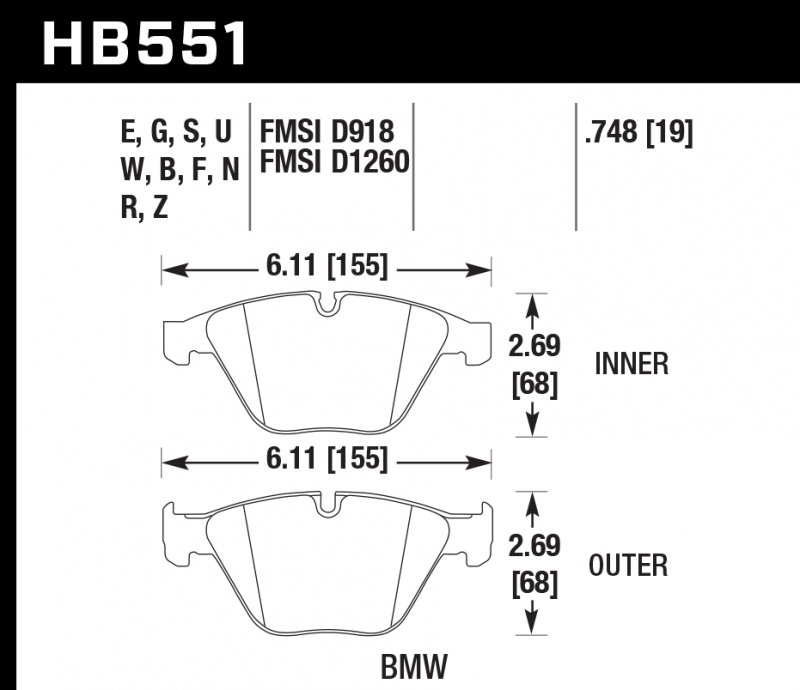 Колодки тормозные HB551N.748 HAWK HP+ передние BMW 3 (E90,91,92) 335i,  M3 E90, 5 E60, 6 E63, 7 E65