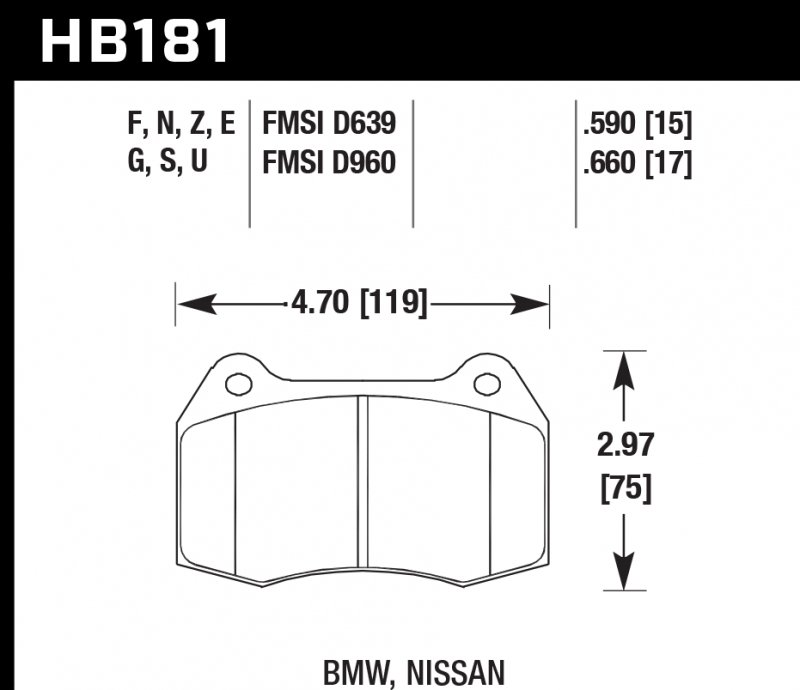 Колодки тормозные HB181F.590 HAWK HPS передние Nissan Skyline GT-R R33 / R34; Honda Integra DC5