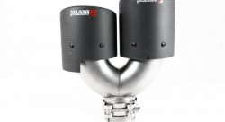 Насадка на глушитель, двойная, AKRAPOVIC карбон, D посадочный 57мм / наруж 101мм, ПРАВ.