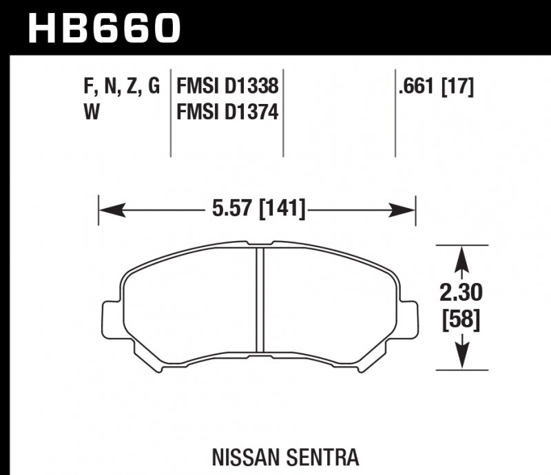 Колодки тормозные HB660W.661 HAWK DTC-30 Nissan Sentra 17 mm