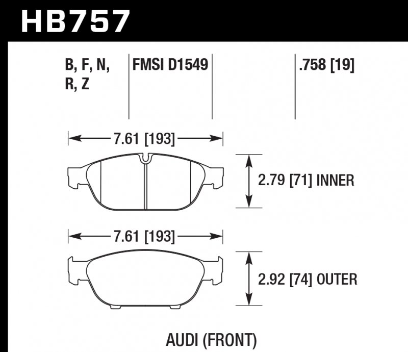 Колодки тормозные HB757Z.758 HAWK PC; перед Audi A6 4G2, C7, 4GC; A7 4GA, 4GF; Allroad 4GH; 19mm