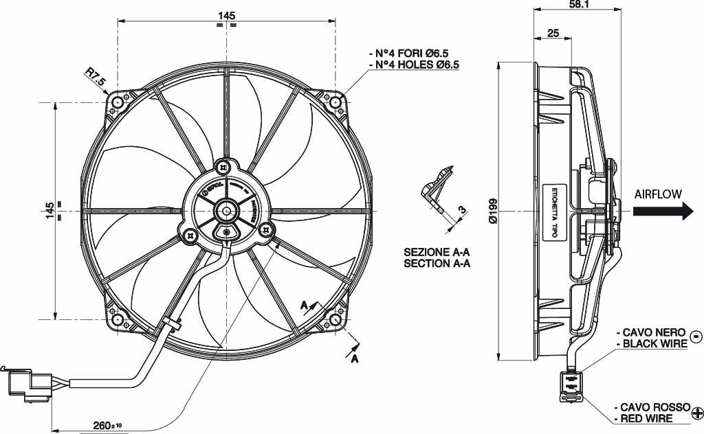 Вентилятор охлаждения SPAL универсальный 7" (182 мм) 12V 700 m³/h