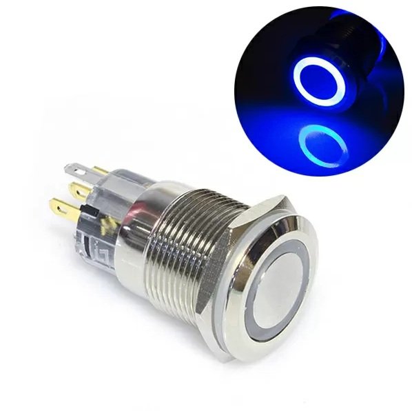 Кнопка с фиксацией водонепроницаемая 12В 3А - синяя подсветка