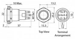 Кнопка с фиксацией водонепроницаемая 12В 3А - синяя подсветка