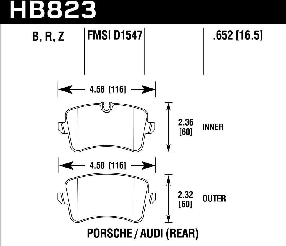 Колодки тормозные HB823B.652 HAWK HPS 5.0 задние Audi RS5; RS7; S7; S6; Porsche Macan