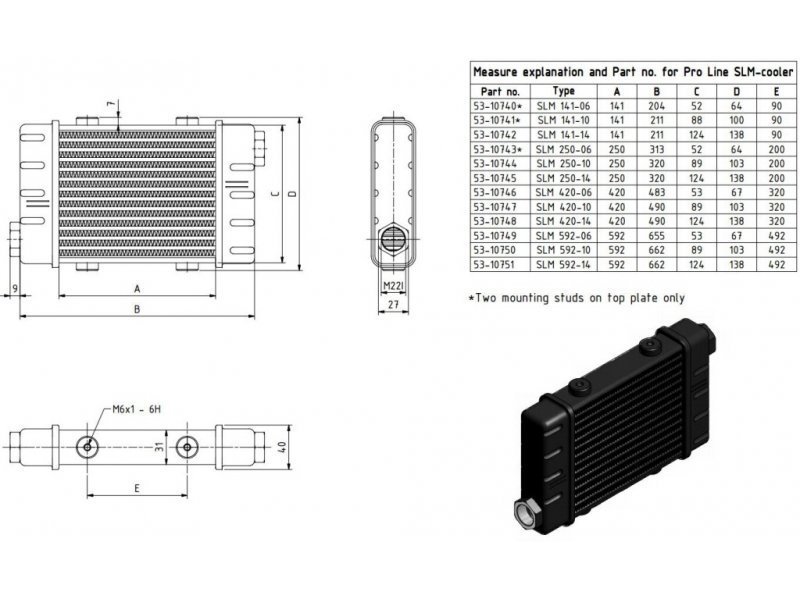 Радиатор масляный 320x136x40; ProLine Slimline SLM (M22x1,5 выход) Setrab, 53-10745