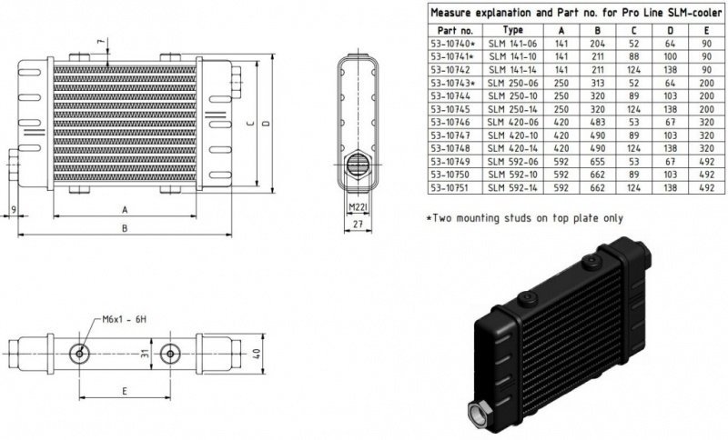 Радиатор масляный 483x65x40; ProLine Slimline SLM (M22x1,5 выход) Setrab, 53-10746