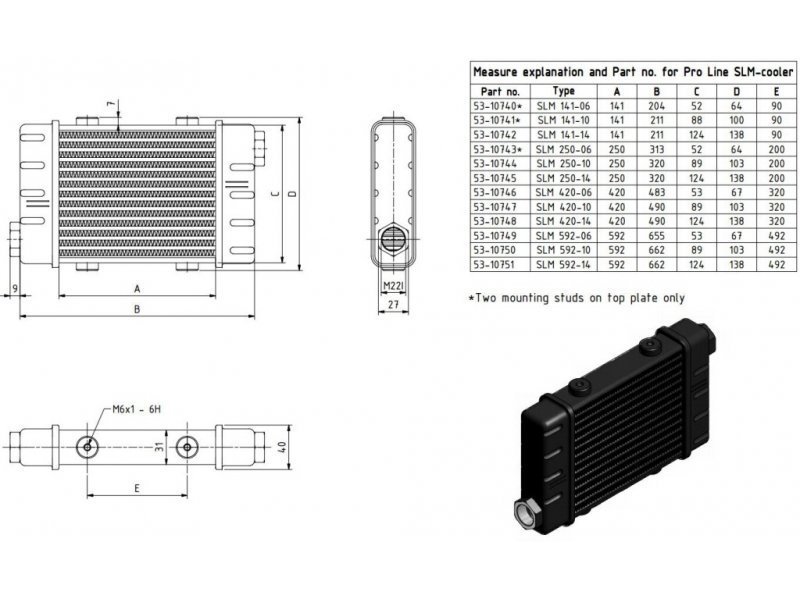Радиатор масляный 662x101x40; ProLine Slimline SLM (M22x1,5 выход) Setrab, 53-10750
