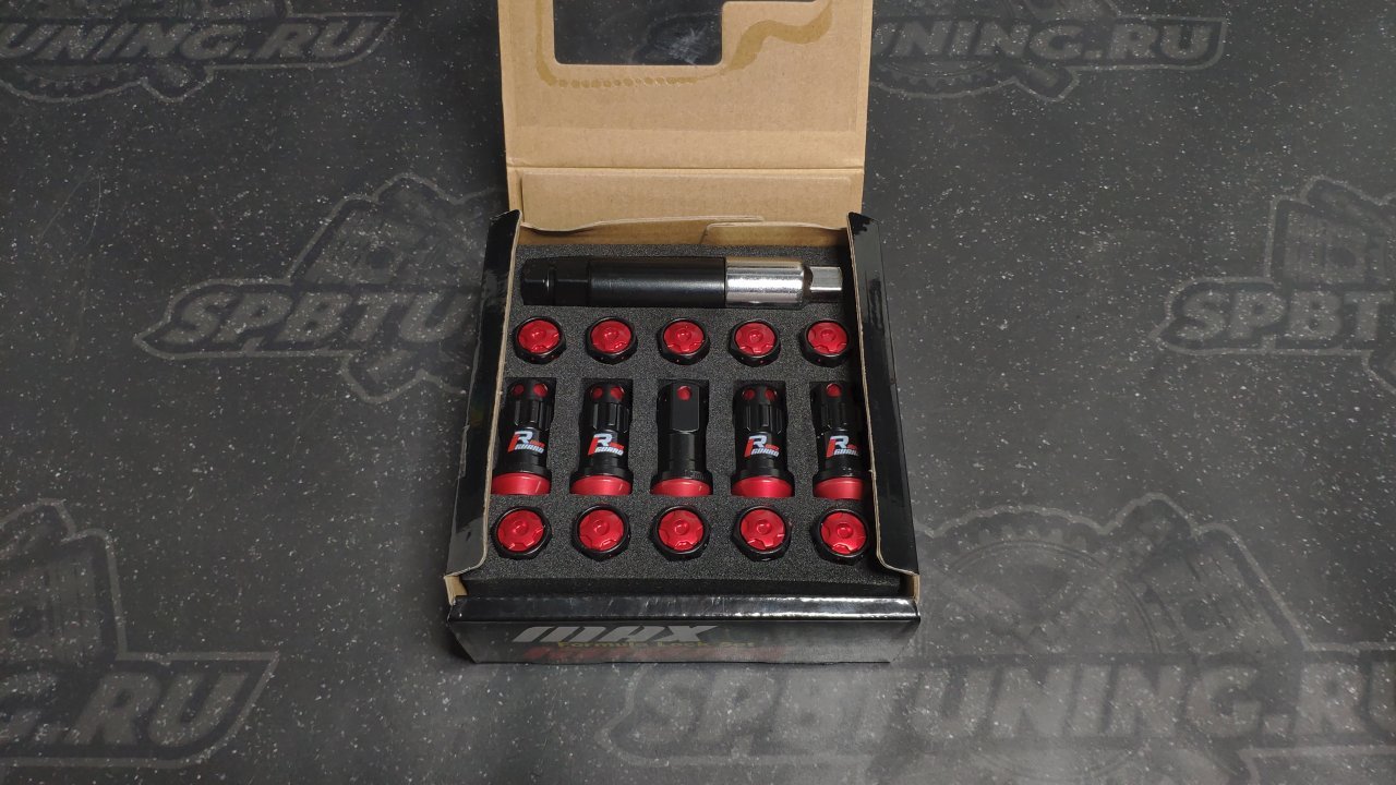 Комплект колесных кованных гаек Drinty Racing Nuts М12х1.25 - черный хром, красный хром