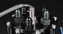 Бак топливный, 1 л, вход - AN6, выход - AN6, под 2 насоса Walbro 255л/ч, алюминиевый