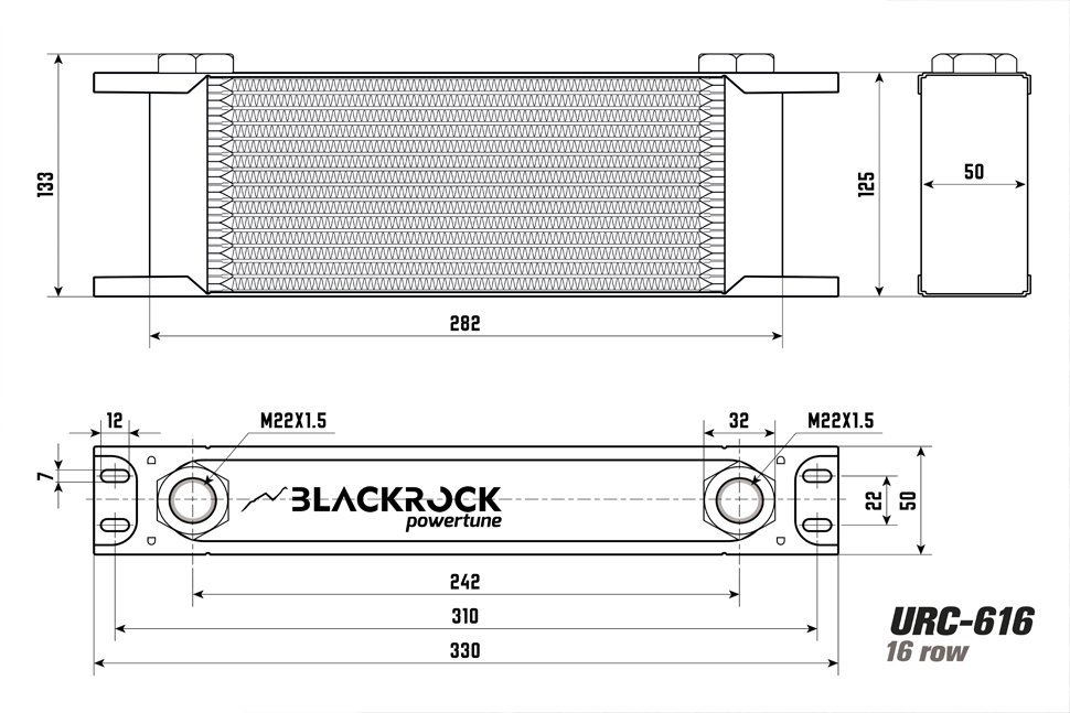 Радиатор масляный 16 рядов; 330 mm ширина; M22x1,5 выход,  BlackRock Lab