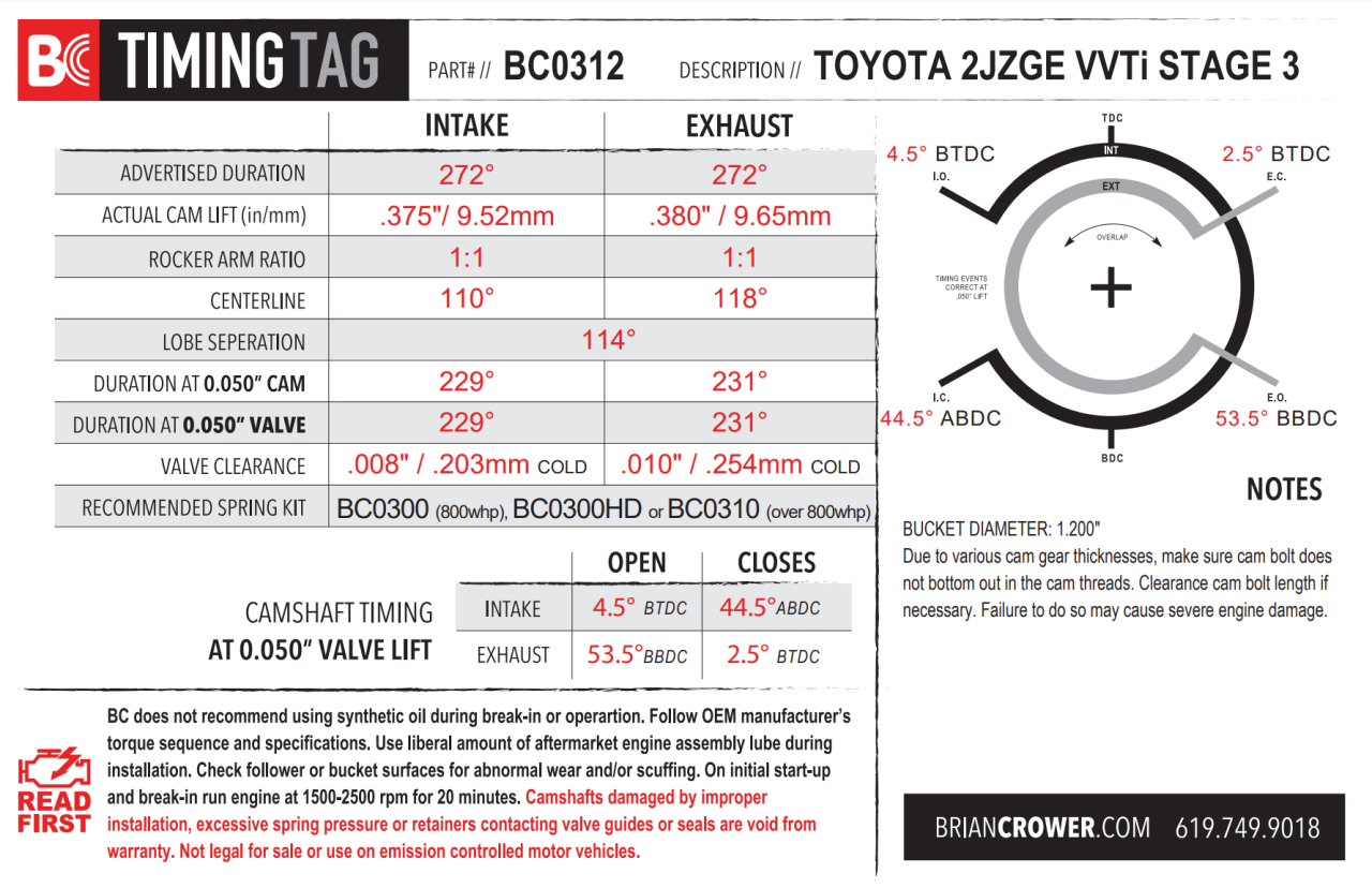 Распредвалы Brian Crower Toyota 2JZ VVTi, 272°/272°, комплект