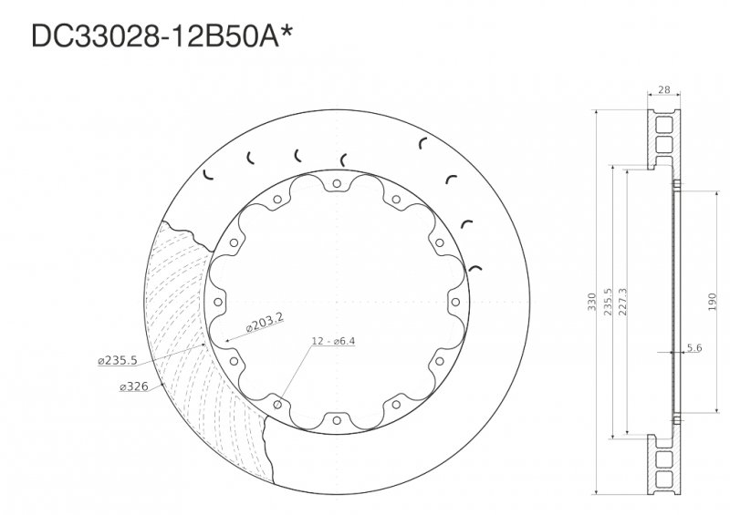 Ротор тормозного диска 330*28mm, DC Brakes DC33028-12B50A, крепеж под болты
