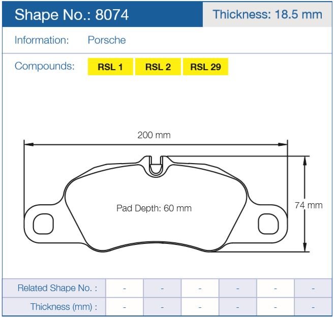 Колодки тормозные 8074-RSL1 PAGID RSL1 передние Porsche 911 991, 992, Cayman 981, 982
