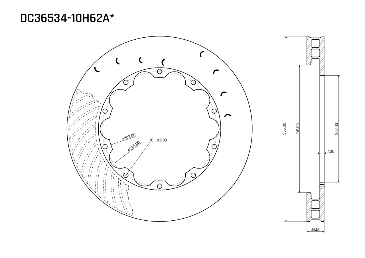 Ротор тормозного диска 365*34mm, DC Brakes DC36534-10H62A, H крепеж,