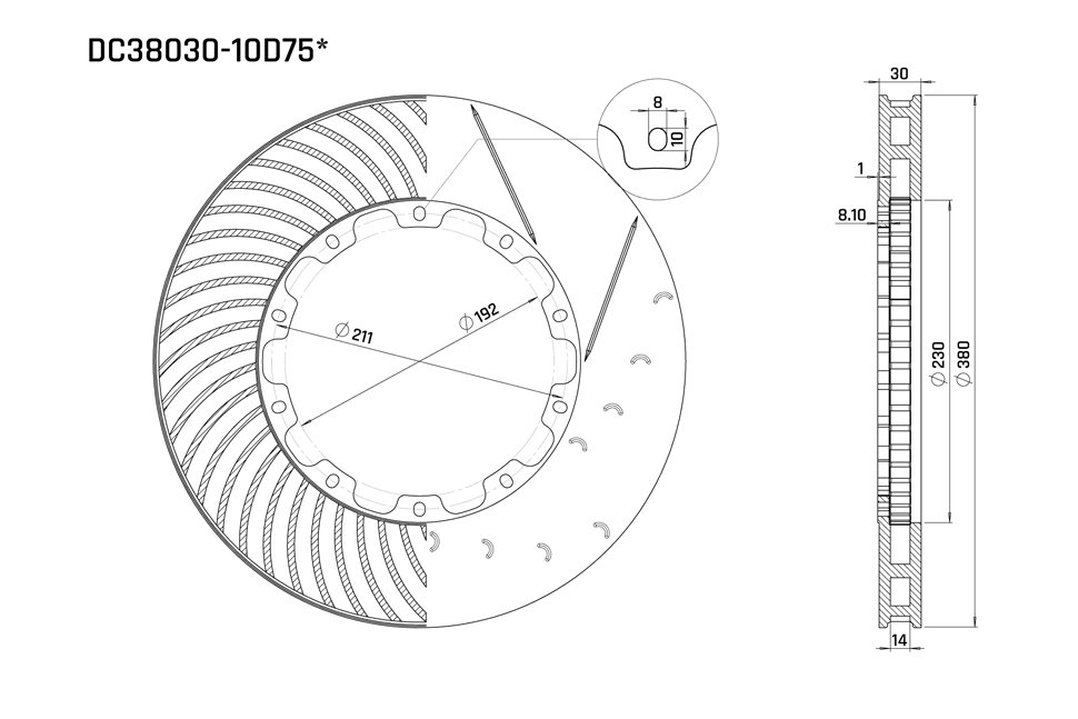 Ротор тормозного диска 380*30mm, DC Brakes DC38030-10D75S, D крепеж,