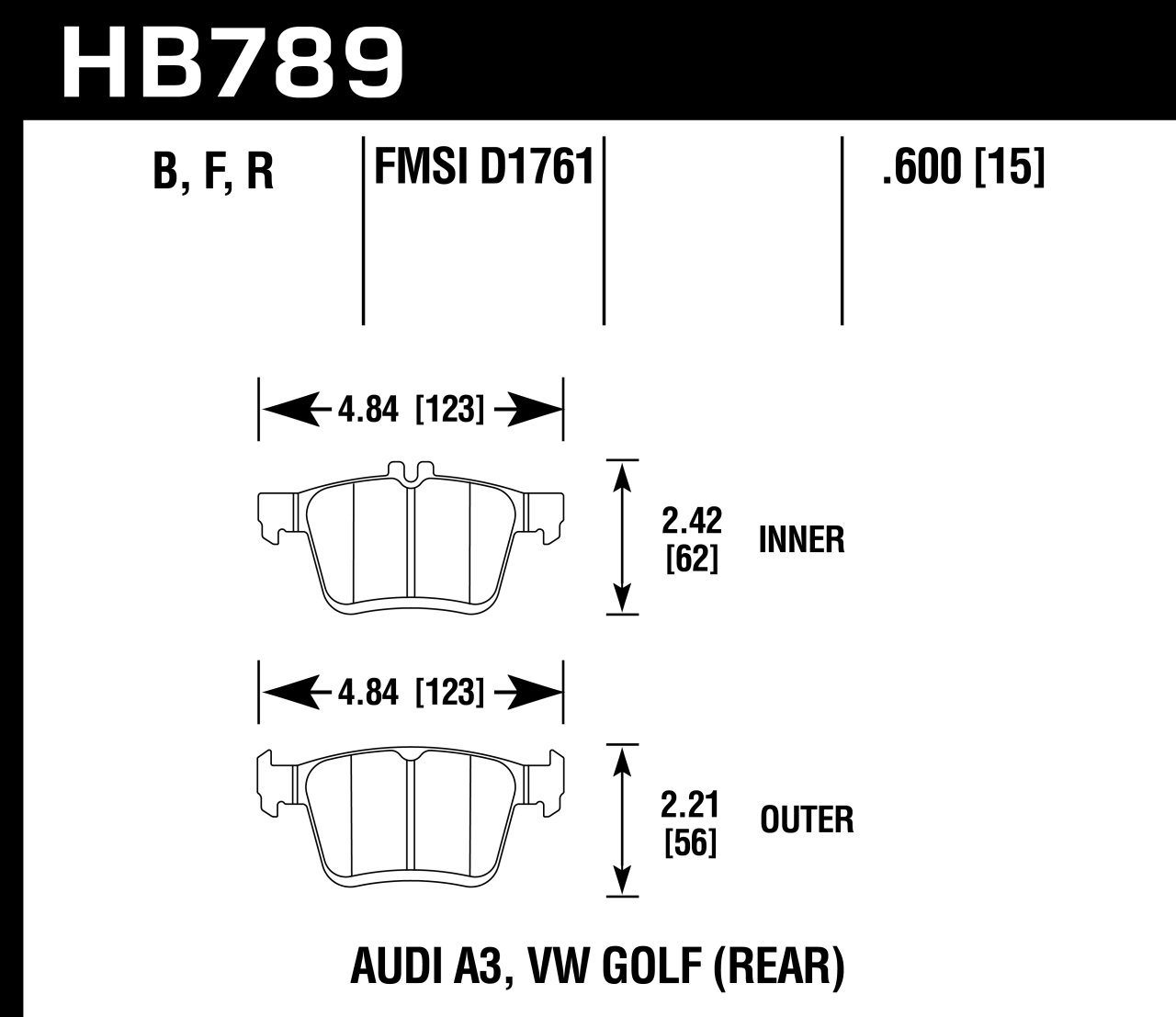 Колодки тормозные HB789N.600 HAWK HP+ , задние A3 8V; TT 8S; GOLF 7; PASSAT 3G;