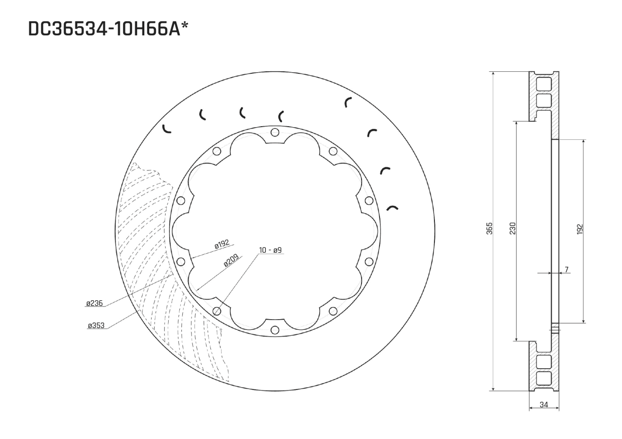 Ротор тормозного диска 365*34mm, DC Brakes DC36534-10H66A, H крепеж