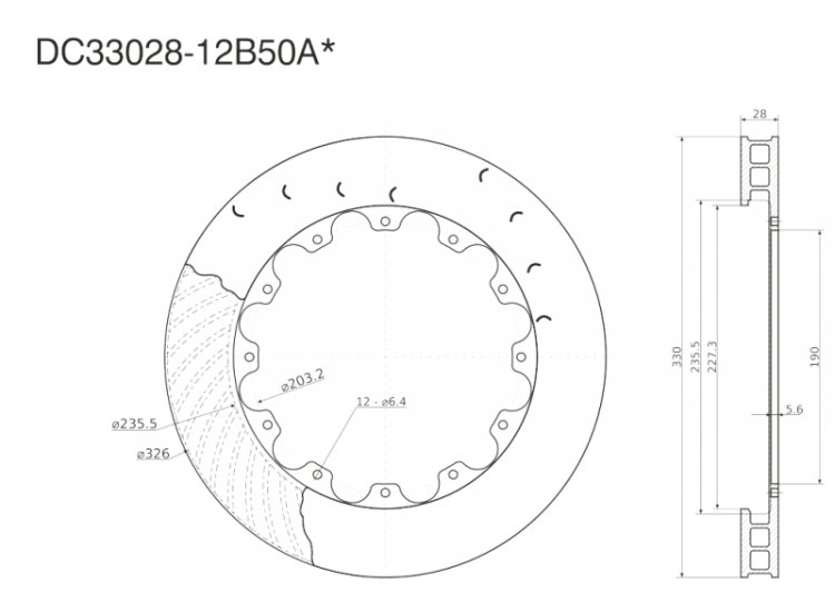 Ротор тормозного диска 330*28mm, DC Brakes DC33028-12B50A, крепеж под болты