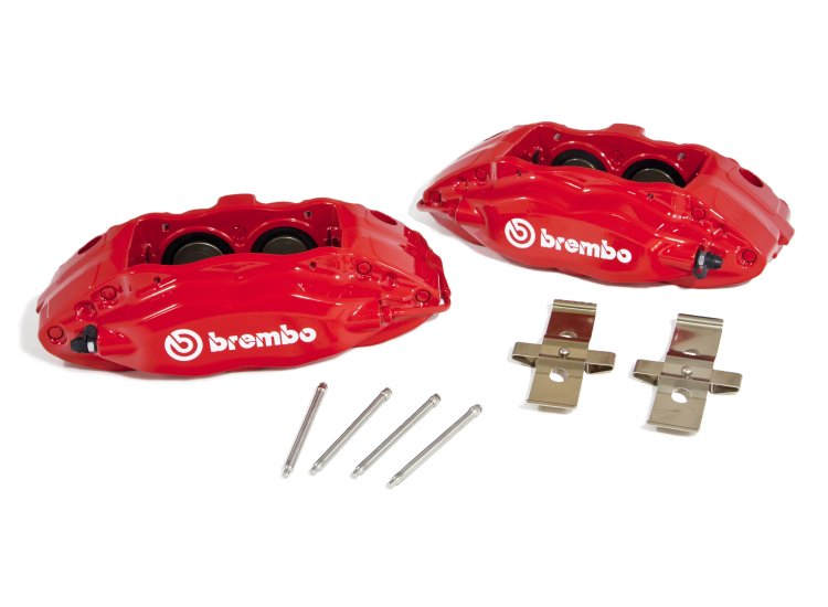 Комплект суппортов 2 шт. Brembo 4 поршня + адаптеры + армир. торм. шланги (2 шт) Красные VAG-B4B-GN3