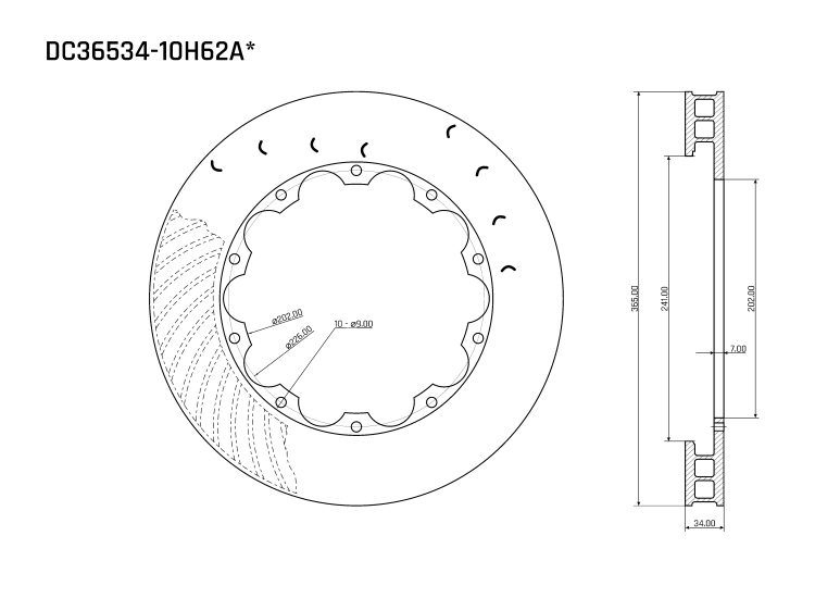 Ротор тормозного диска 365*34mm, DC Brakes DC36534-10H62A, H крепеж,