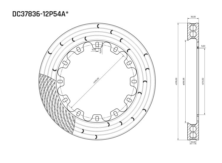 Ротор тормозного диска 378*36mm, DC Brakes DC37836-12P54A, (378*35,5mm)