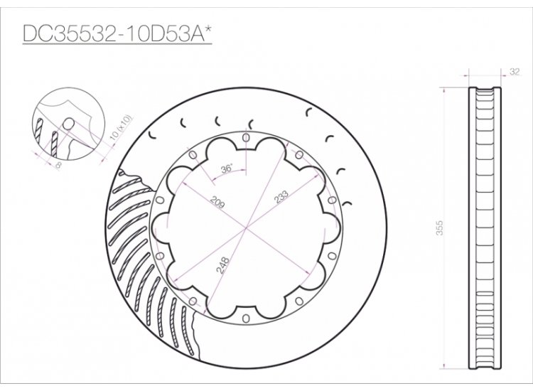 Ротор тормозного диска 355*32mm, DC Brakes DC35532-10D53A, D крепеж, (Brembo, JBT)