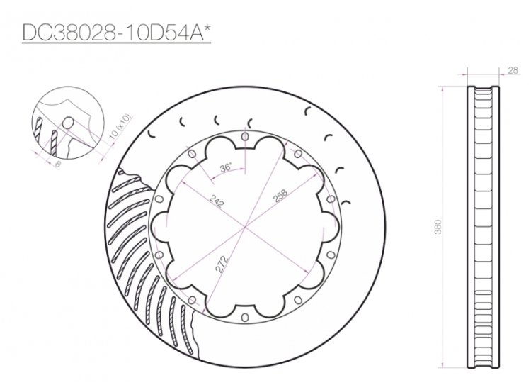 Ротор тормозного диска 380*28mm, DC Brakes DC38028-10D54A, D крепеж, (Brembo, JBT)