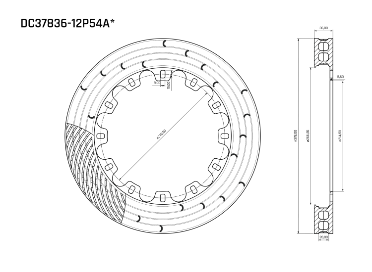 Ротор тормозного диска 378*36mm, DC Brakes DC37836-12P54A, (378*35,5mm)