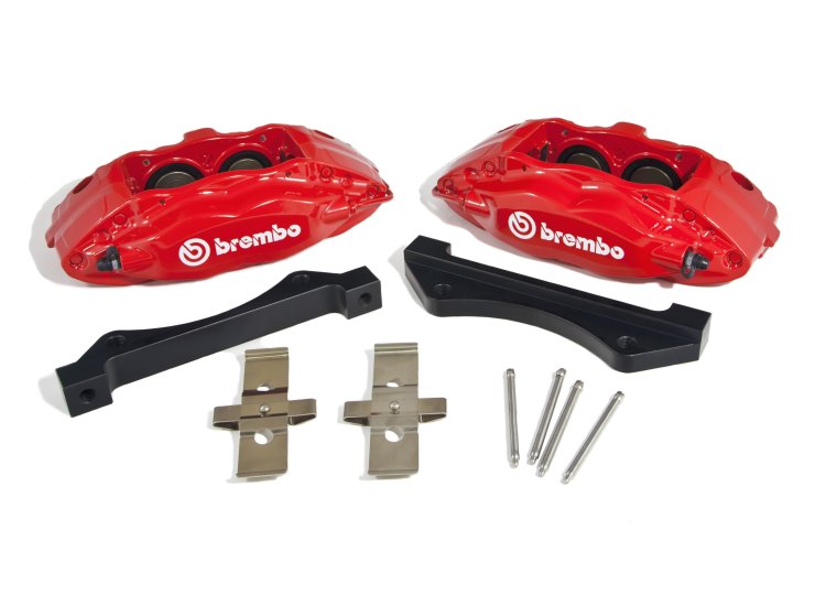 Комплект суппортов 2 шт. Brembo 4 поршня + адаптеры + армир. торм. шланги (2 шт) Красные VAG-B4B-GN3