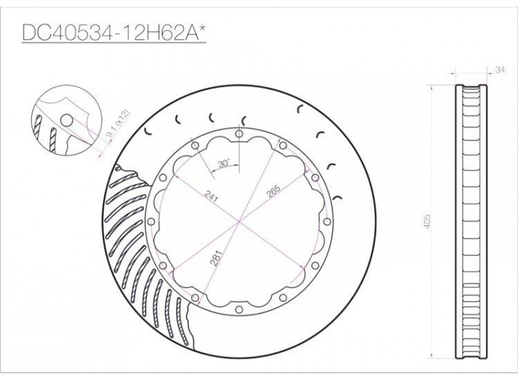 Ротор тормозного диска 405*34mm, DC Brakes DC40534-12H62A, H крепеж, (Brembo, JBT)