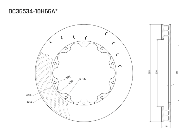 Ротор тормозного диска 365*34mm, DC Brakes DC36534-10H66A, H крепеж