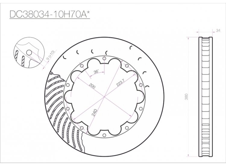 Ротор тормозного диска 380*34mm, DC Brakes DC38034-10H70A, H крепеж,Nissan GT-R 2007-2011 перед,