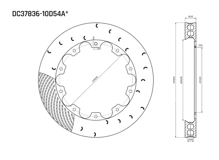 Ротор тормозного диска 378*36mm, DC Brakes DC37836-10D54A, D крепеж