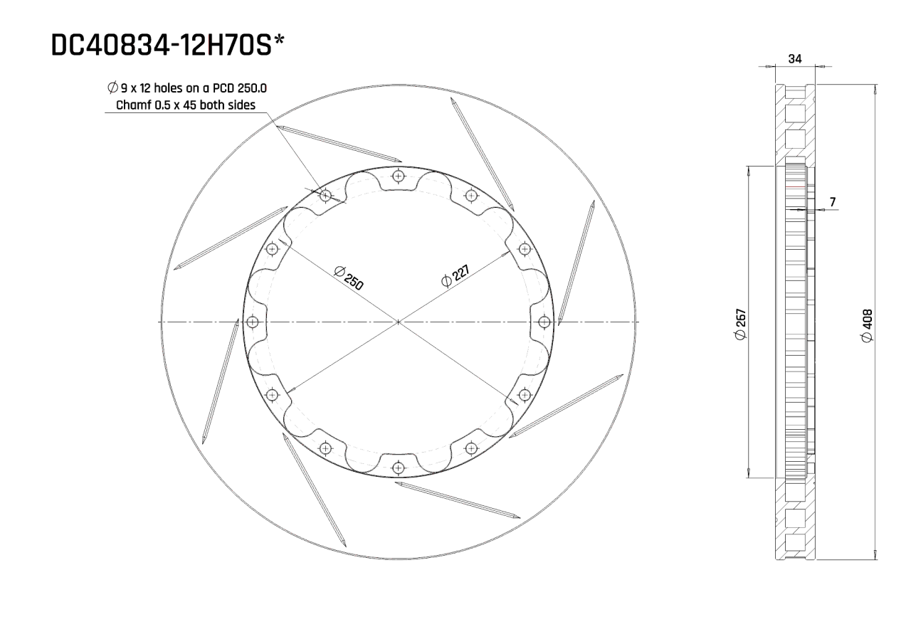 Ротор тормозного диска 408*34mm, DC Brakes DC40834-12H70S, H крепеж,